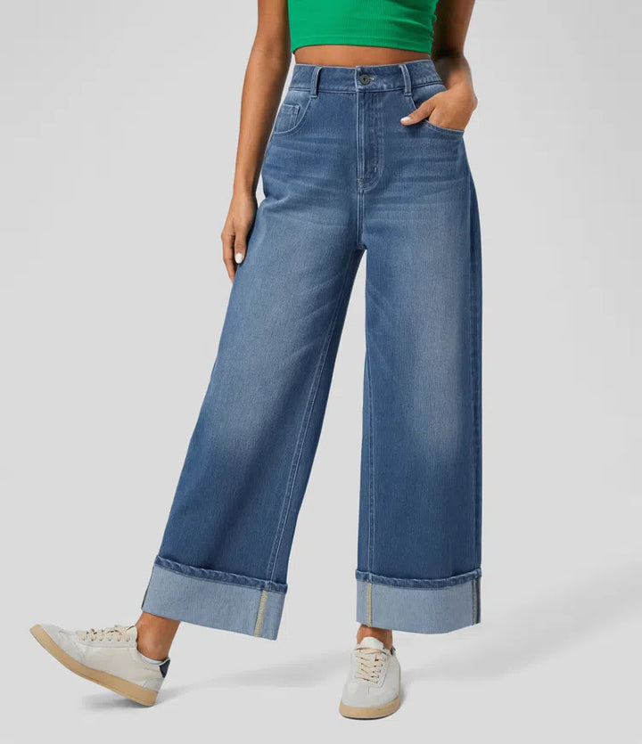 Halara Flex High Waisted Pockets Rolled Hem Wide Leg Washed Casual Jeans