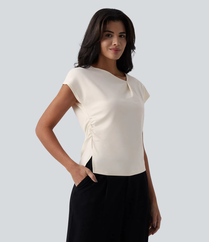 Asymmetric Cowl Neck Short Sleeve Ruched Split Hem Work Blouse