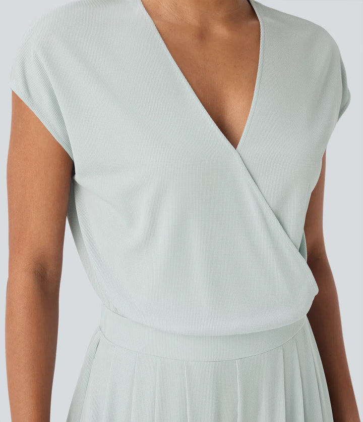V Neck Short Sleeve Pocket Wide Leg Flowy Waffle Casual Jumpsuit-Easy Peezy Edition
