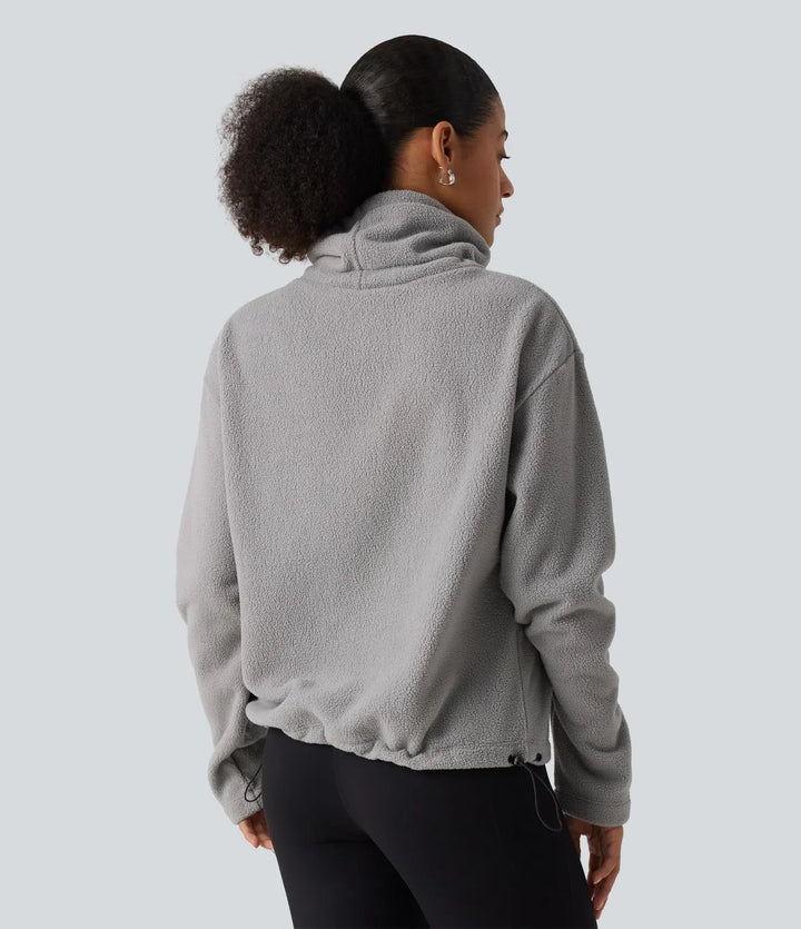 High Neck Drawstring Long Sleeve Gathered Hem Fleece Casual Sweatshirt