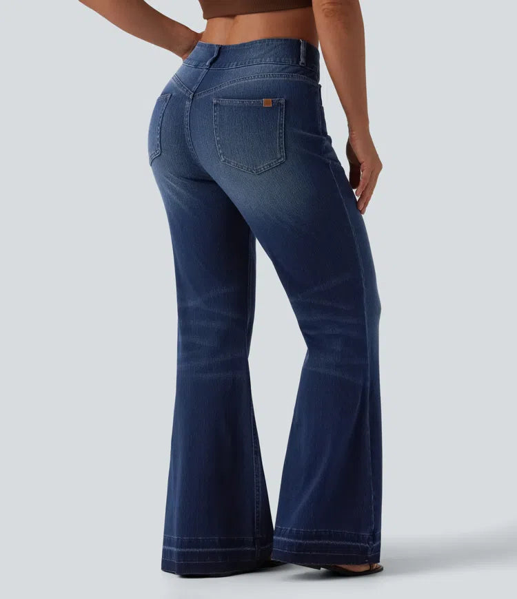 Halara Flex Asymmetric Mid Rise Casual Flare Jeans with Pockets
