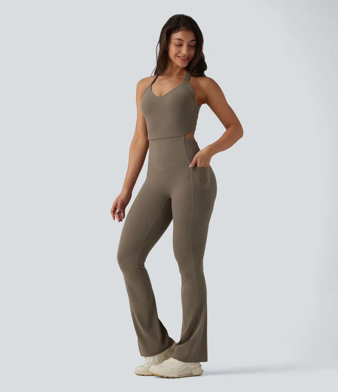 Halara UltraSculpt Twisted Backless Tummy Control Butt Lifting Bootcut Workout Jumpsuit with Pockets-Easy Peezy Edition