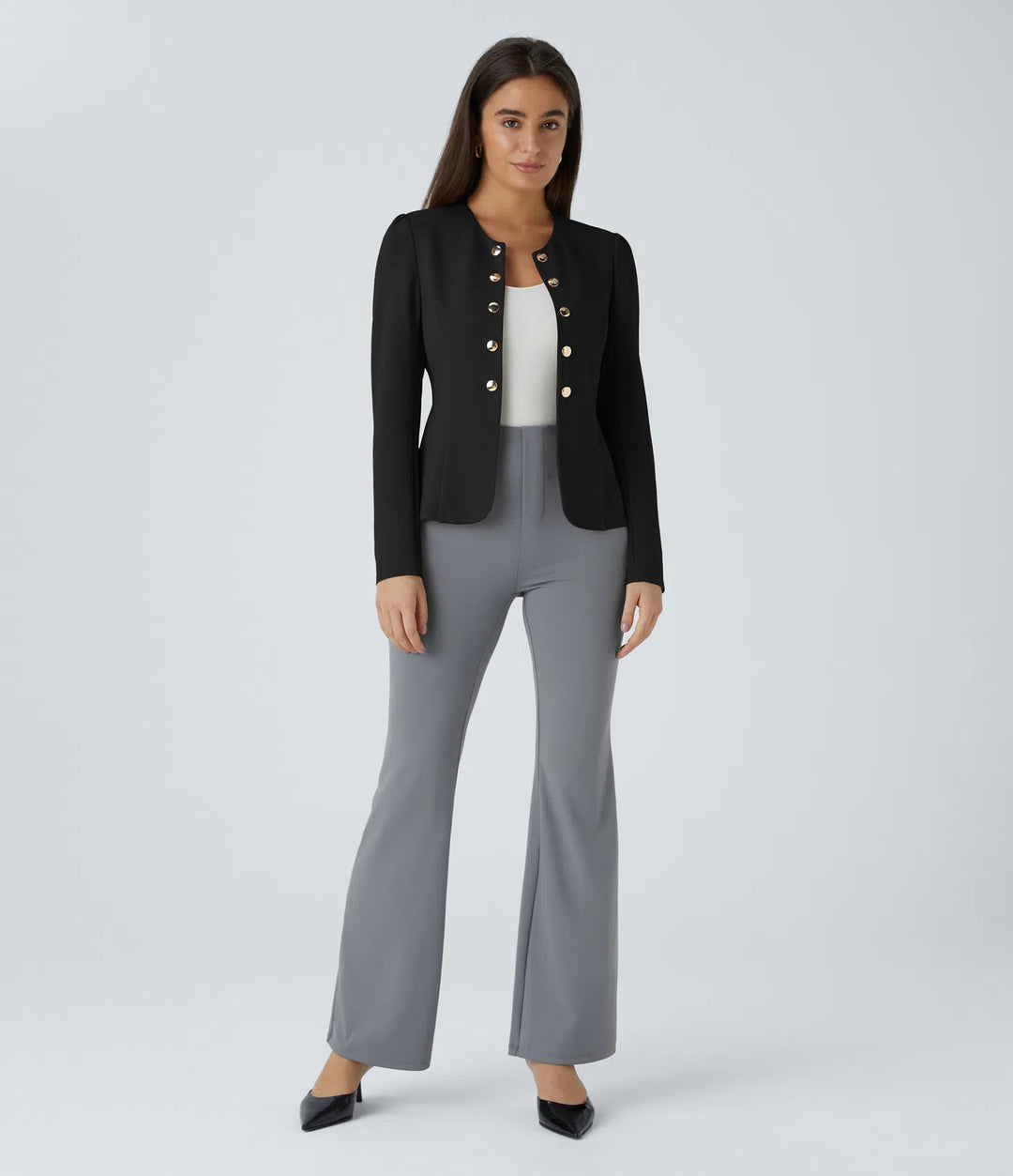 Round Neck Long Sleeve Decorative Button Slim Work Blazer