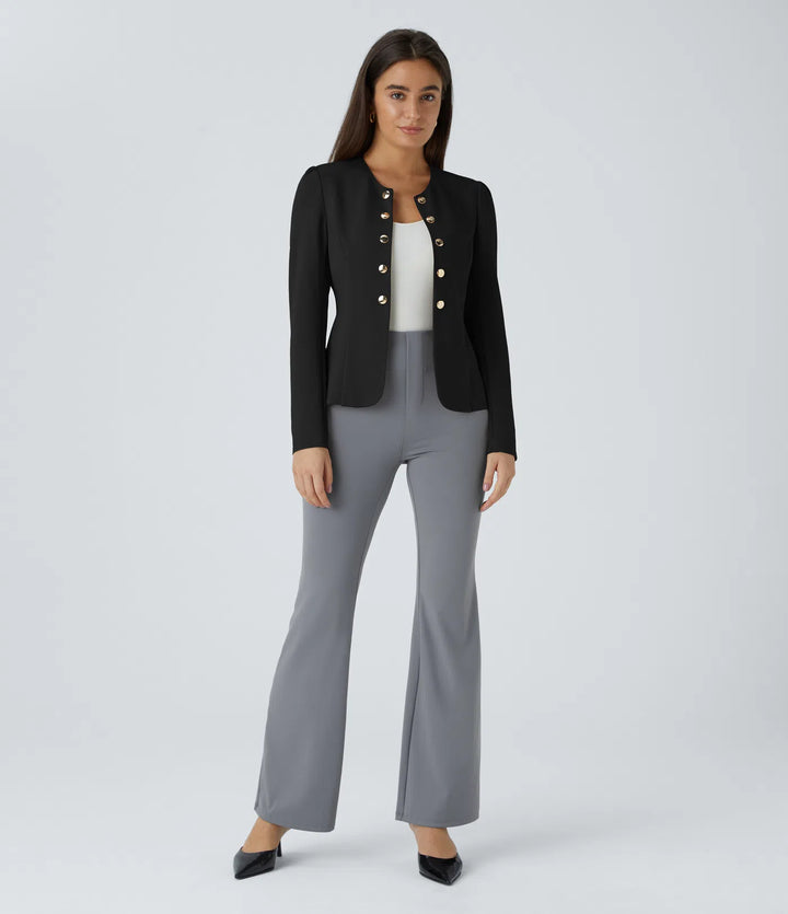 Round Neck Long Sleeve Decorative Button Slim Work Blazer