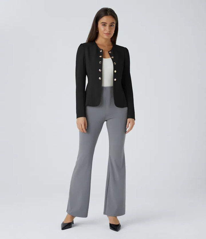Round Neck Long Sleeve Decorative Button Slim Work Blazer