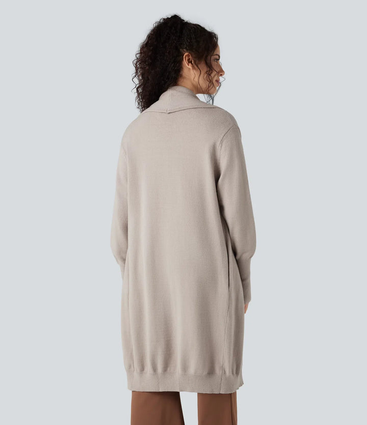 Lapel Long Sleeve Longline Work Cardigan with Pockets