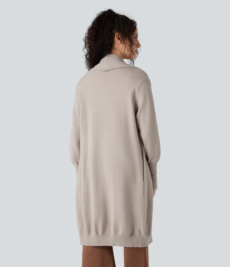 Lapel Long Sleeve Longline Work Cardigan with Pockets