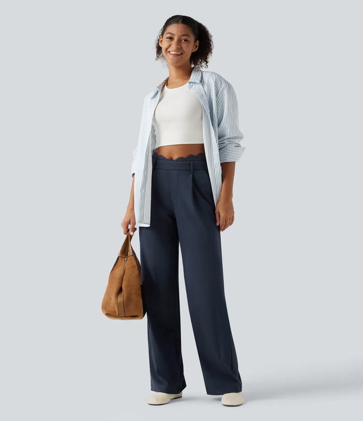 Halara Flex High Waisted Contrast Lace Straight Leg Work Trousers with Pockets