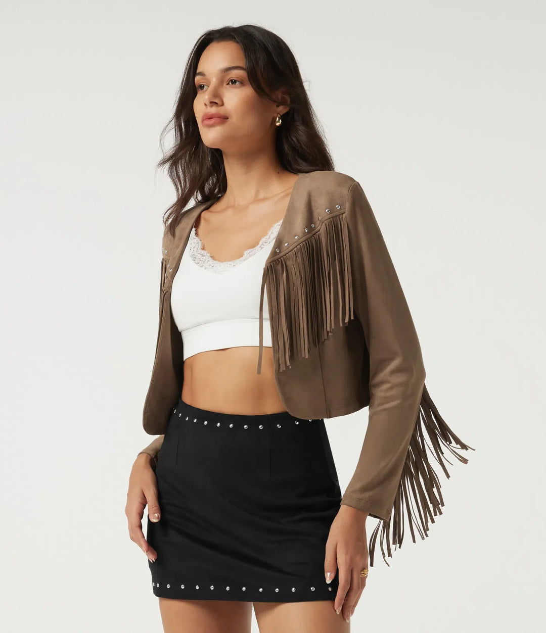 V Neck Long Sleeve Fringe Suede Casual Blazer