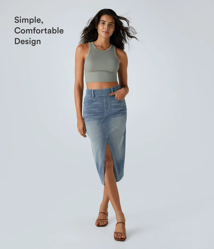 Halara Flex High Waisted Pockets Bodycon Washed Denim Casual Midi Skirt