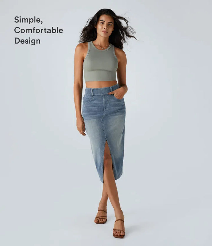Halara Flex High Waisted Pockets Bodycon Washed Denim Casual Midi Skirt