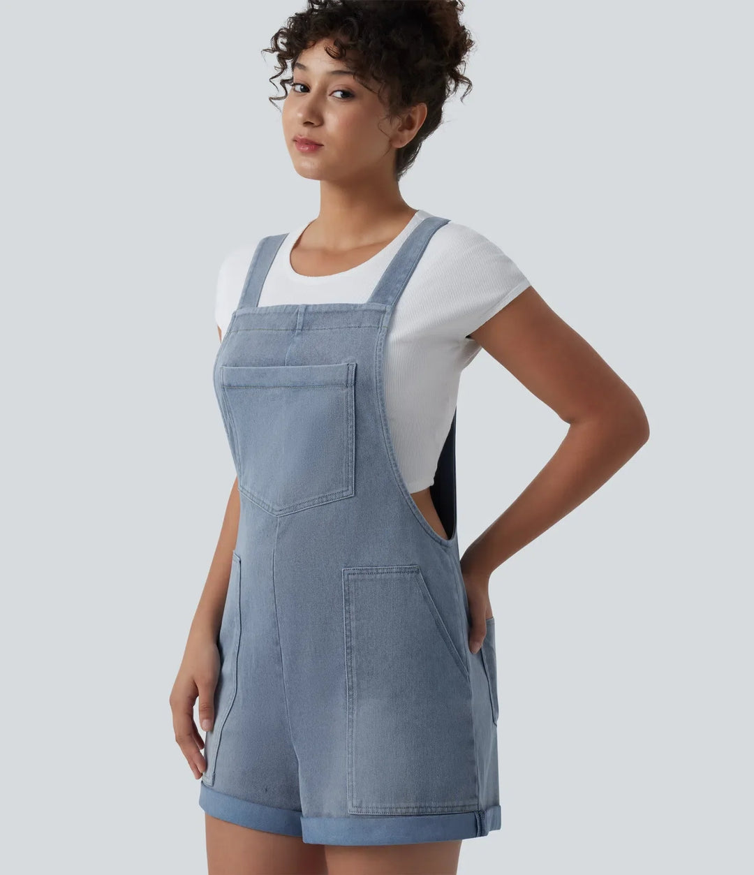 Halara Flex Square Neck Rolled Hem Denim Casual Short Overalls with Pockets