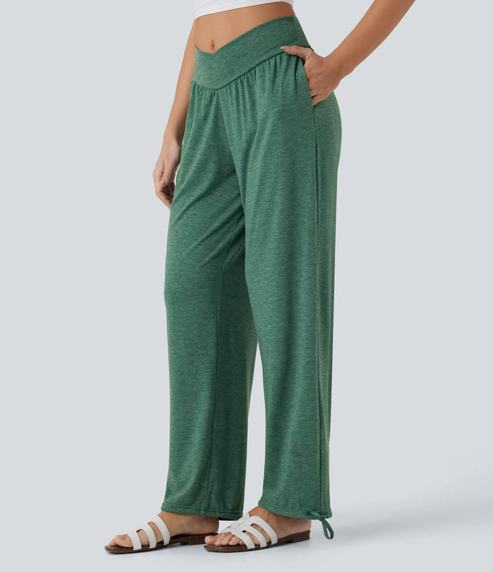 Crossover High Waisted Side Pocket Drawstring Casual Joggers