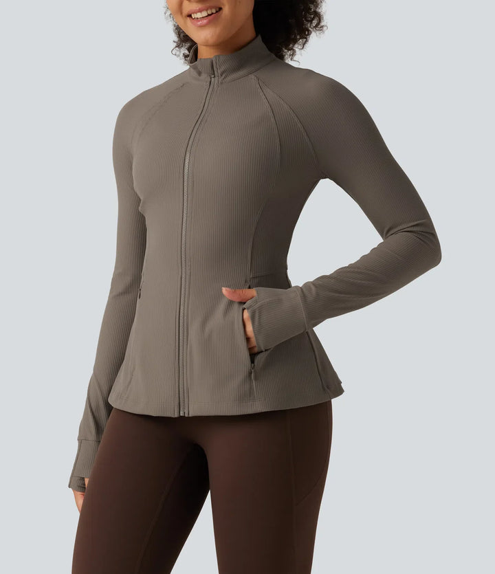 Ribbed Knit Stand Collar Long Sleeve Thumb Hole Yoga Jacket with Pockets
