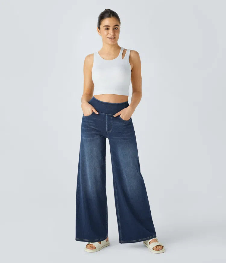 Halara Flex High Waisted Pockets Baggy Wide Leg Washed Casual Jeans