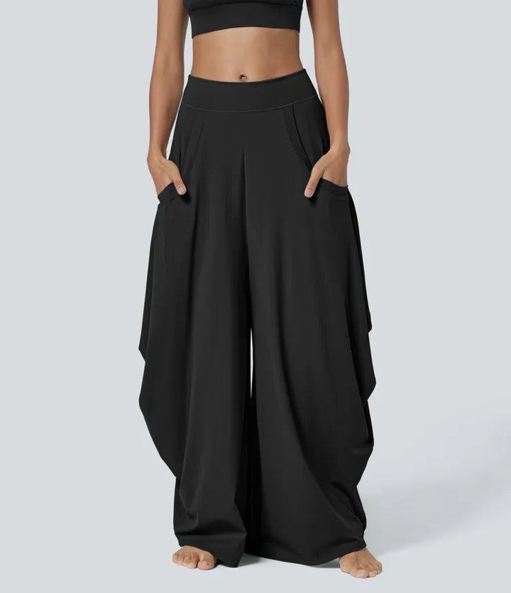 Mid Rise Pockets Draped Wide Leg Baggy Casual Trousers