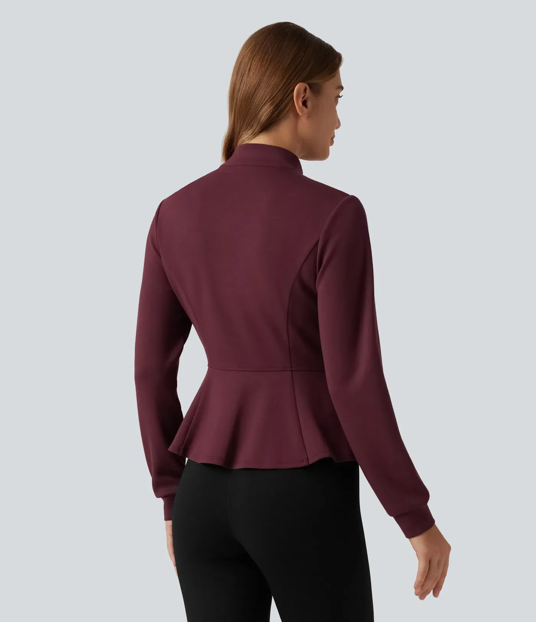 SpacerTek Stand Collar Zip Fly Long Sleeve Ruffle Hem Yoga Jacket with Pockets