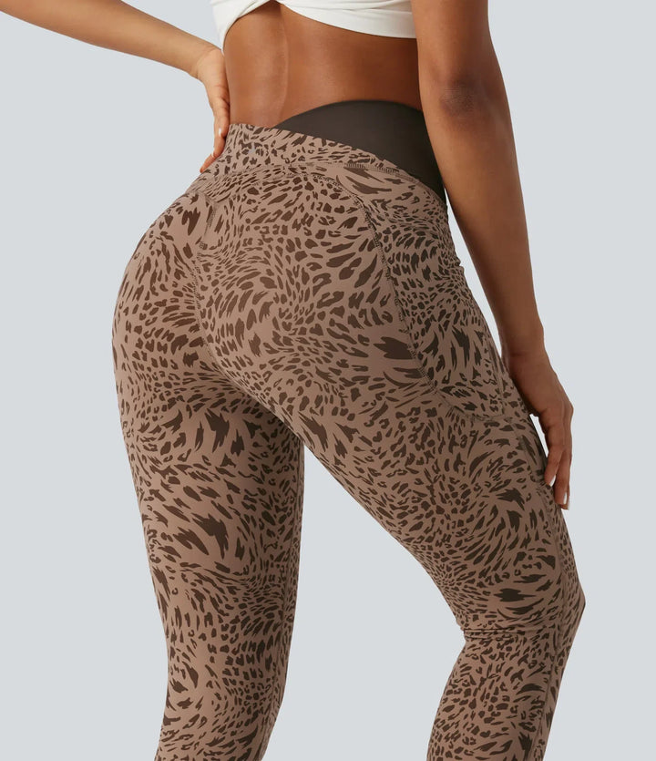 Halara UltraSculpt Leopard Print High Waisted Crossover Skinny Yoga Leggings with Pockets