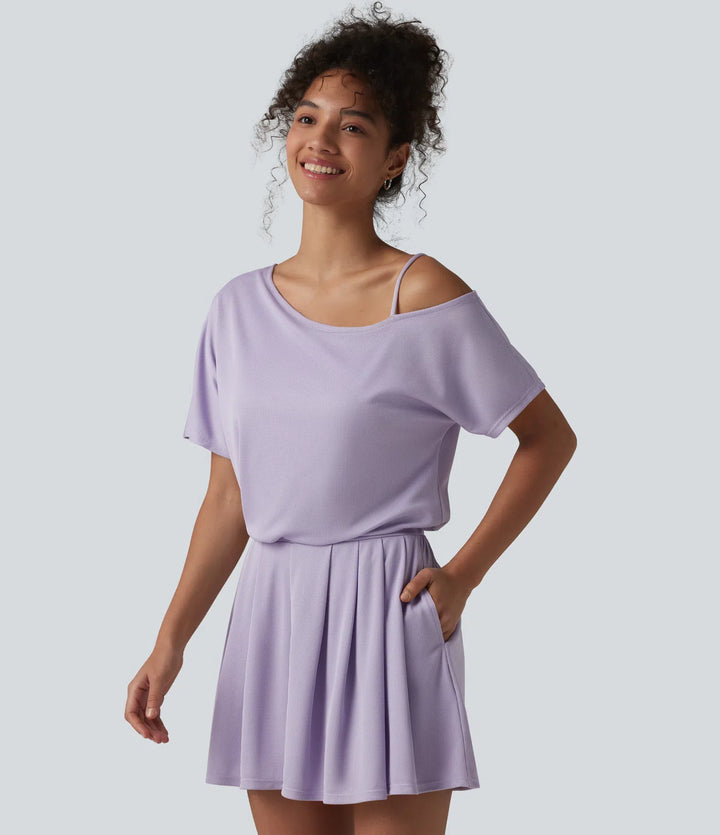 One Shoulder Short Sleeve Pleated Waffle Casual Playsuit with Pockets-Easy Peezy Edition