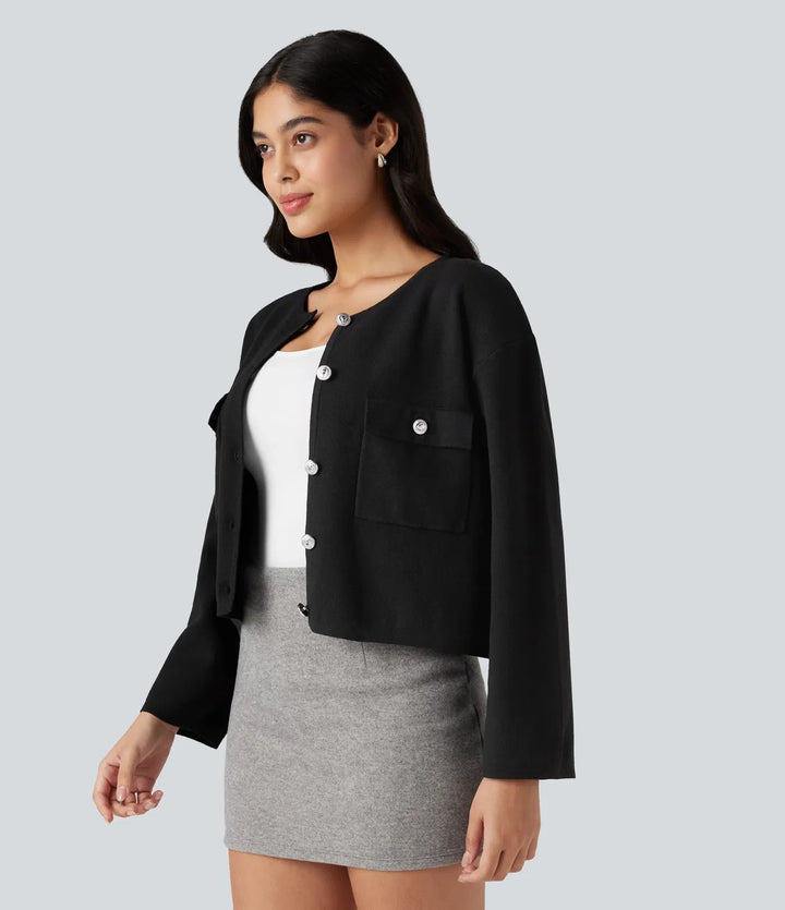 Round Neck Long Sleeve Casual Cardigan with Pockets