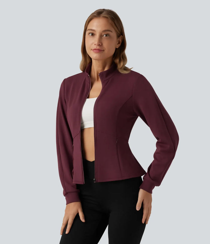 SpacerTek Stand Collar Zip Fly Long Sleeve Ruffle Hem Yoga Jacket with Pockets