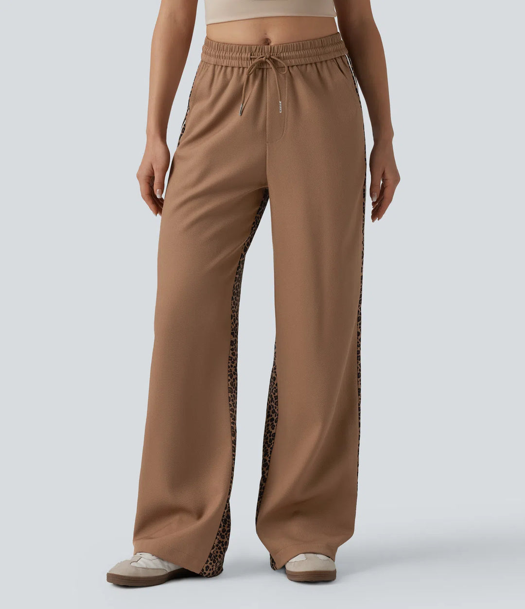 Mid Rise Drawstring colourBlock Stripes Contrast Leopard Casual Baggy Trousers with Pockets