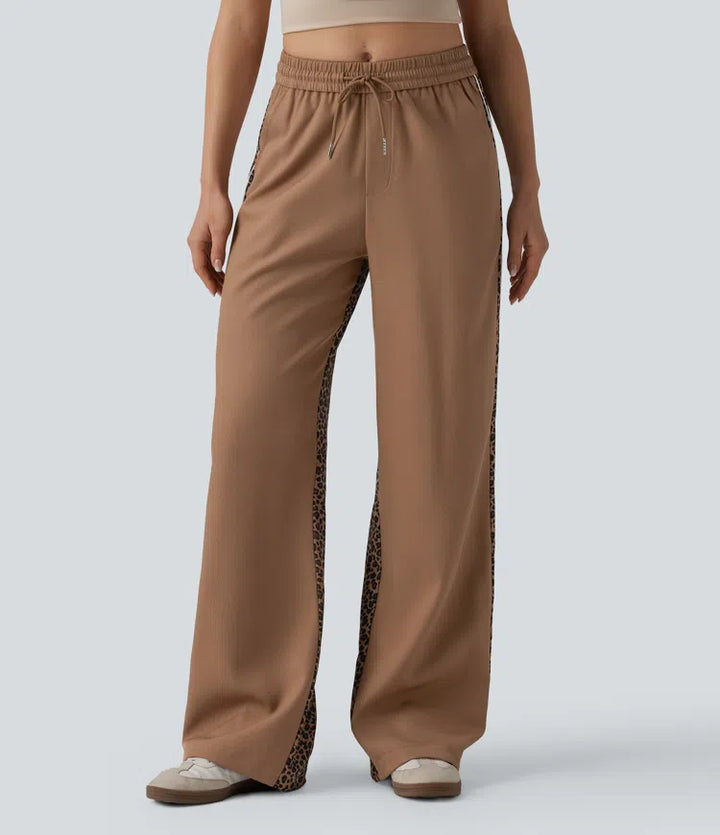 Mid Rise Drawstring colourBlock Stripes Contrast Leopard Casual Baggy Trousers with Pockets