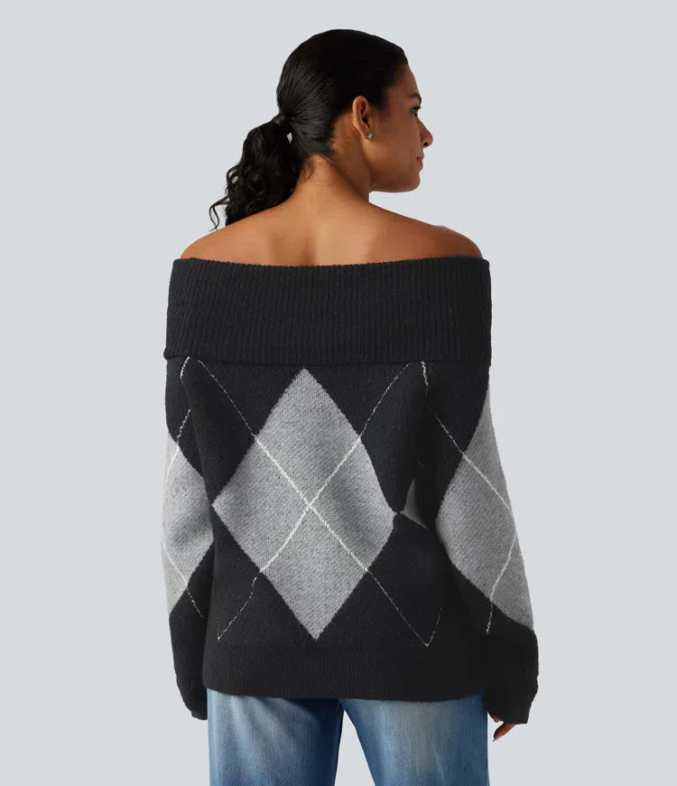 Off Shoulder Long Sleeve Gingham Casual Jumper