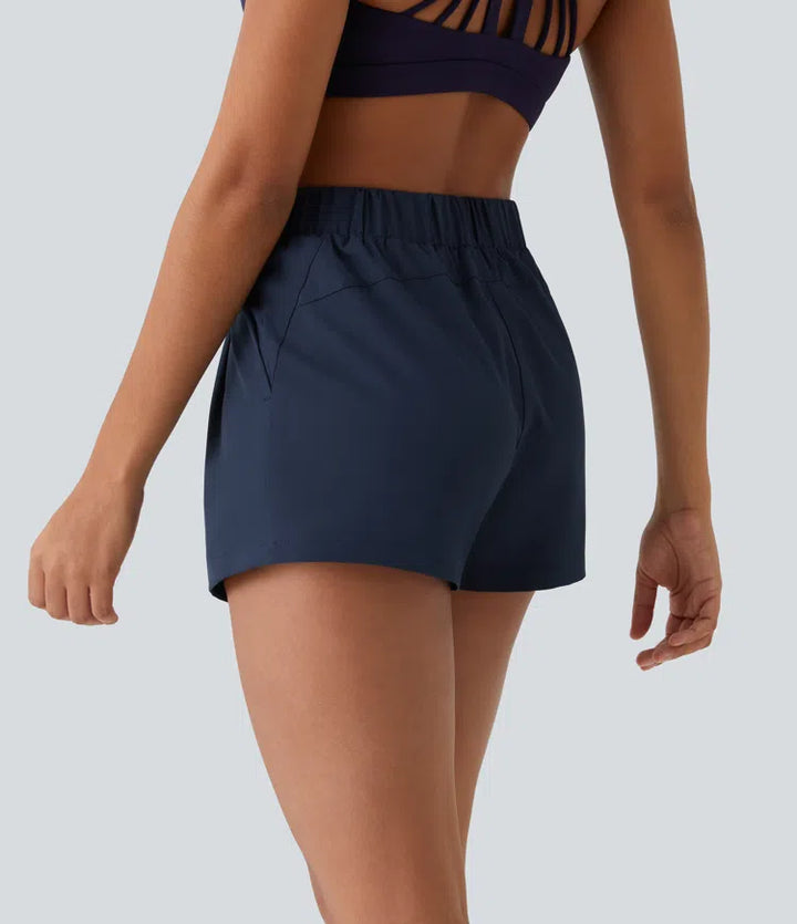 High Waisted Elastic Waistband Drawstring Pleated Yoga Shorts 3" with Pockets