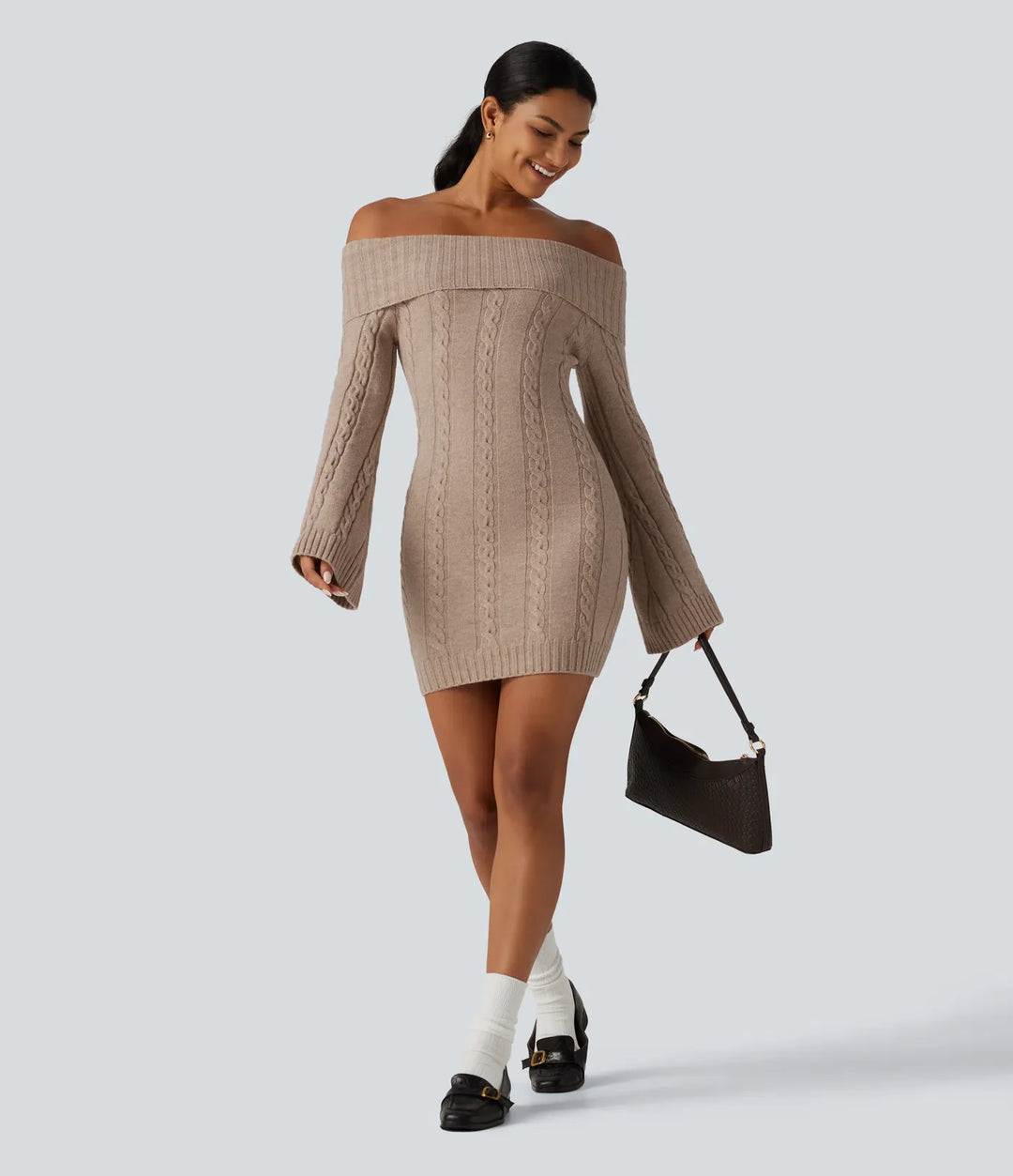Off Shoulder Bell Long Sleeve Bodycon Mini Casual Jumper Dress