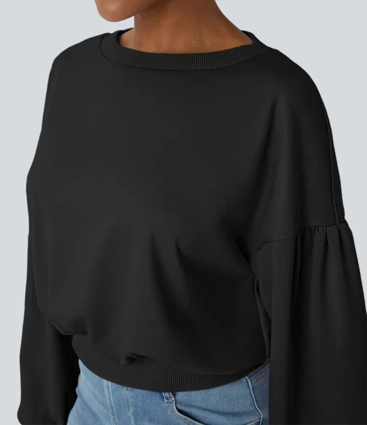 Round Neck Dropped Shoulder Bishop Sleeve Relaxed Casual Sweatshirt