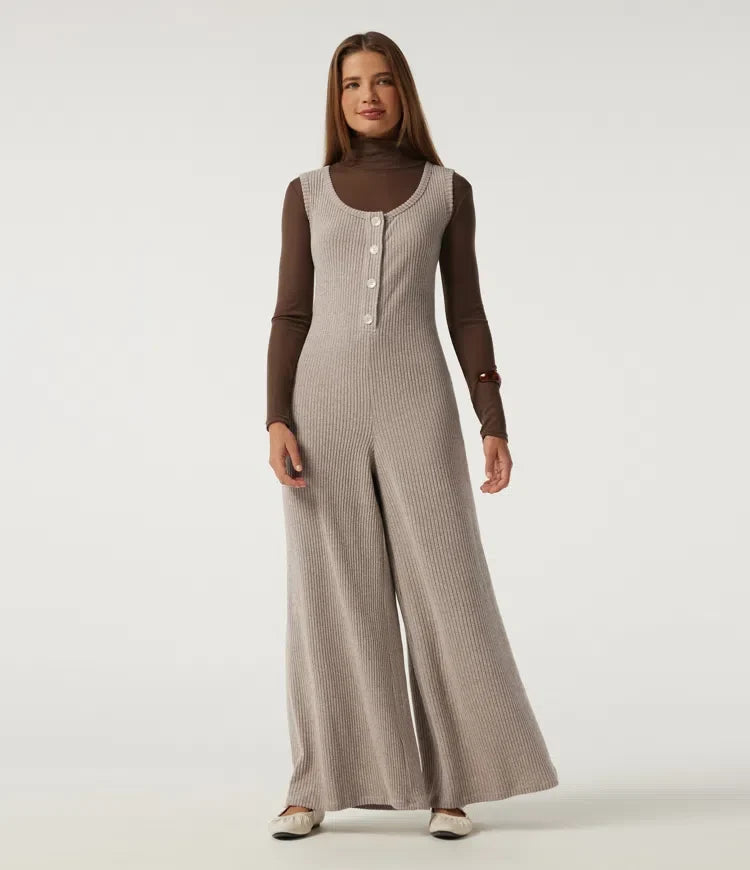 Ribbed Knit U Neck Wide Leg Casual Jumpsuit with Pockets