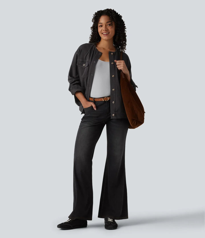 Halara Flex Round Neck Long Sleeve Denim Casual Jacket with Pockets