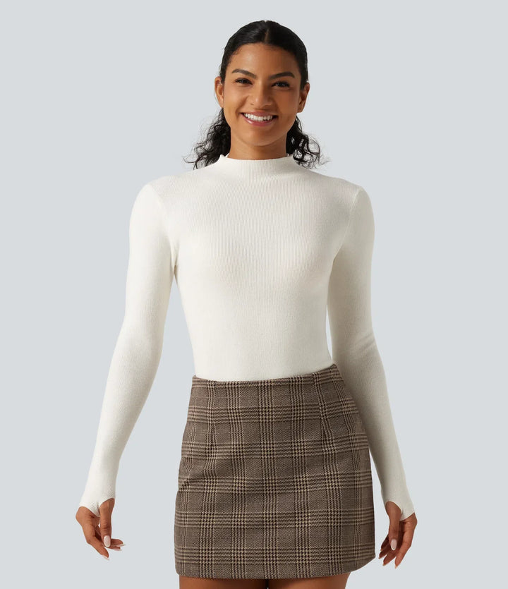 Mock Neck Long Sleeve Thumb Hole Work Wool-Blend Jumper