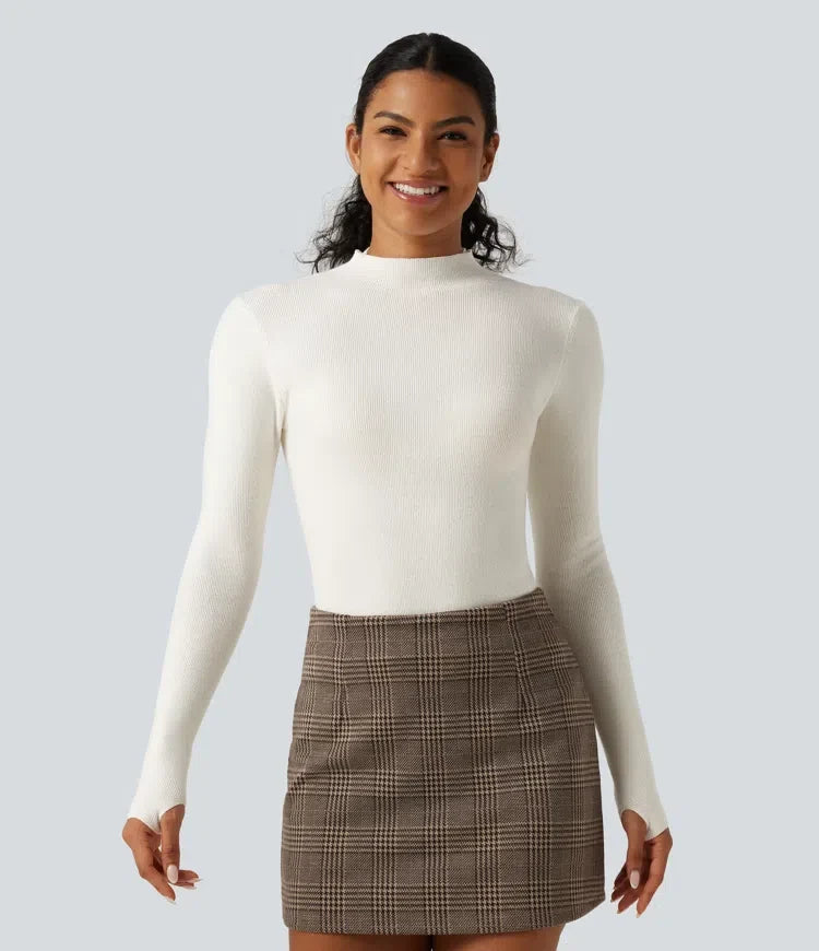 Mock Neck Long Sleeve Thumb Hole Work Wool-Blend Jumper