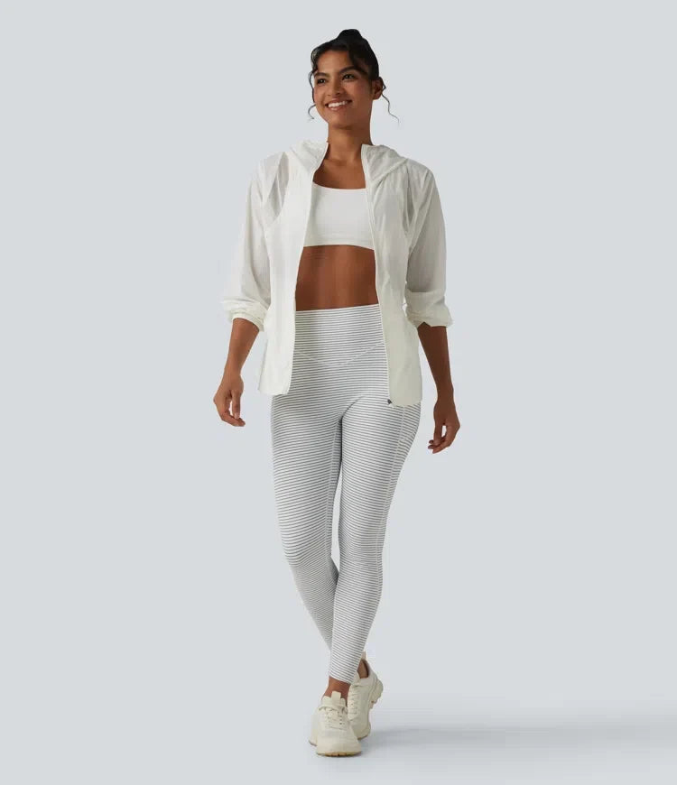 Hooded Drawstring Contrast Mesh Workout Jacket with Pockets