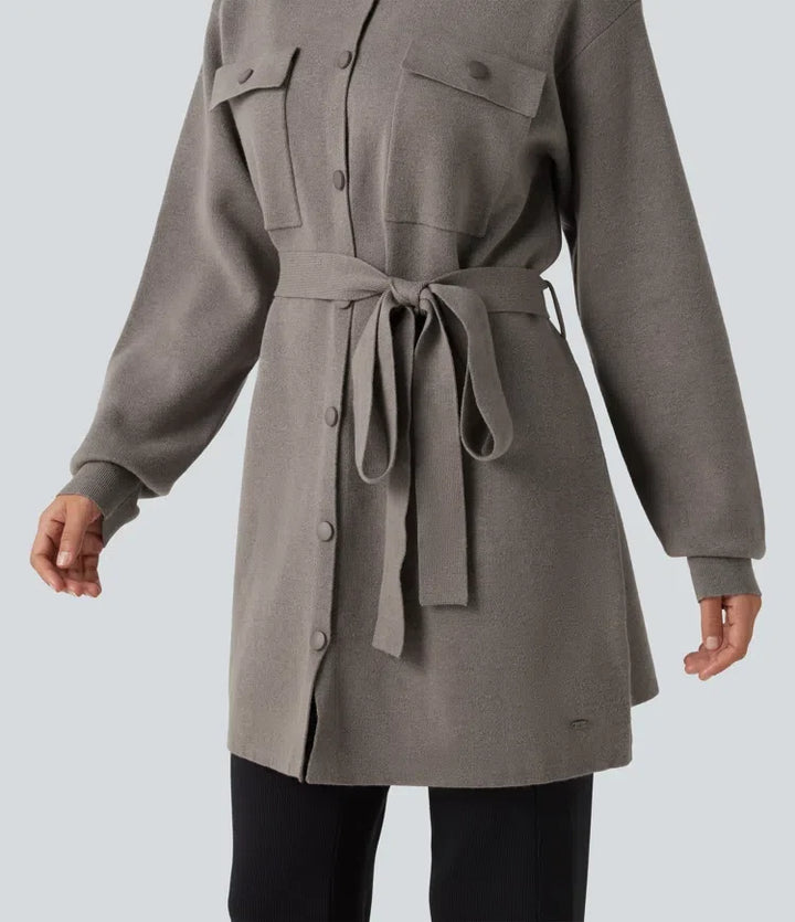 Long Sleeve Belted Longline Casual Jacket with Pockets