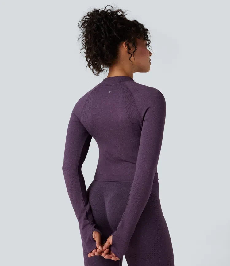 Seamless Flow Stand Collar Long Sleeve Thumb Holes Slim Cropped Yoga Jacket