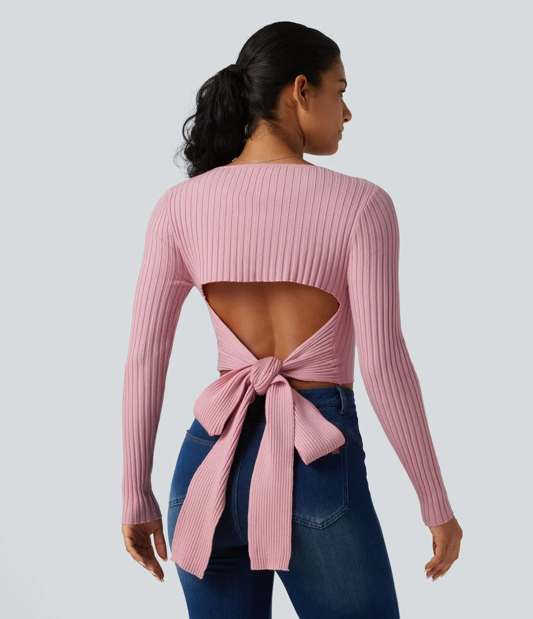 Round Neck Long Sleeve Cut Out Tie Back Casual Jumper