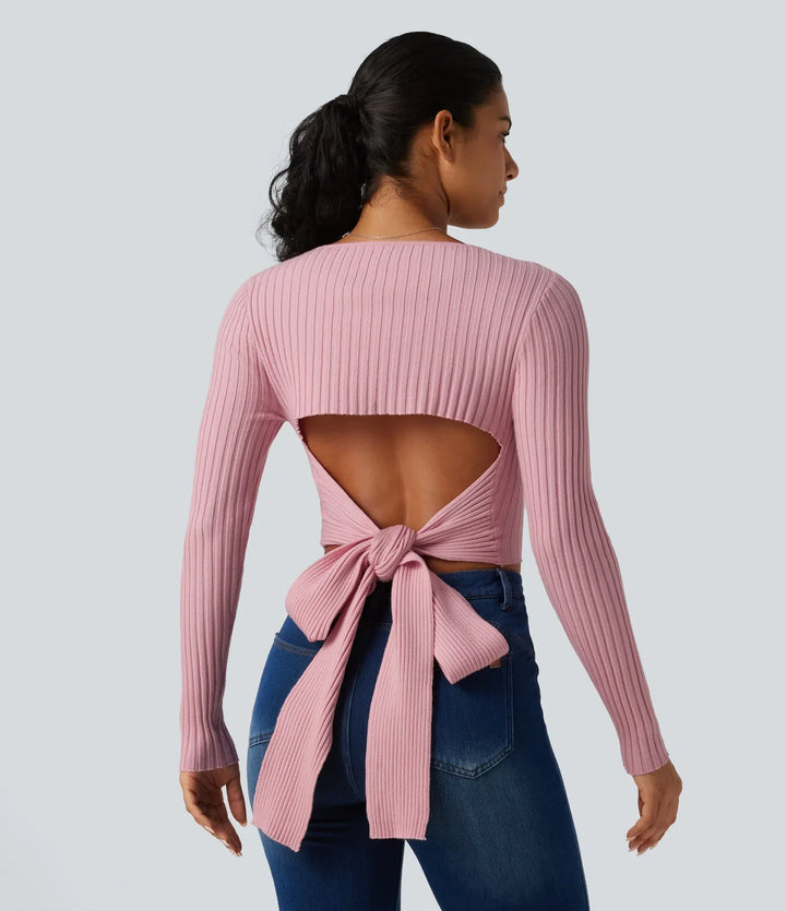 Round Neck Long Sleeve Cut Out Tie Back Casual Jumper