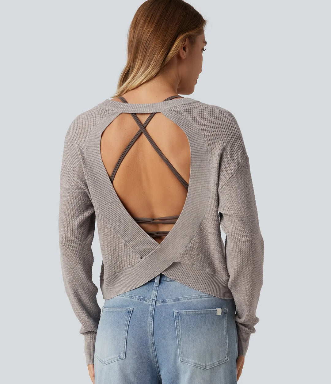 Round Neck Long Sleeve Cut-Out Back Casual Jumper