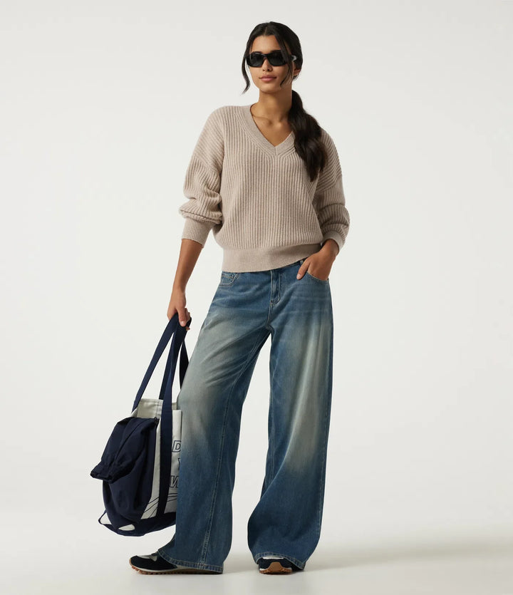 V Neck Dropped Shoulder Long Sleeve Casual Jumper