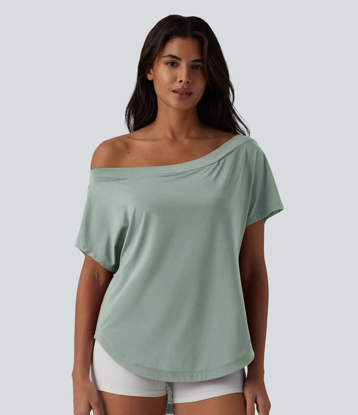 One Shoulder Short Sleeve Curved Hem High Low Quick Dry Yoga Sports Top-Built-in Bra