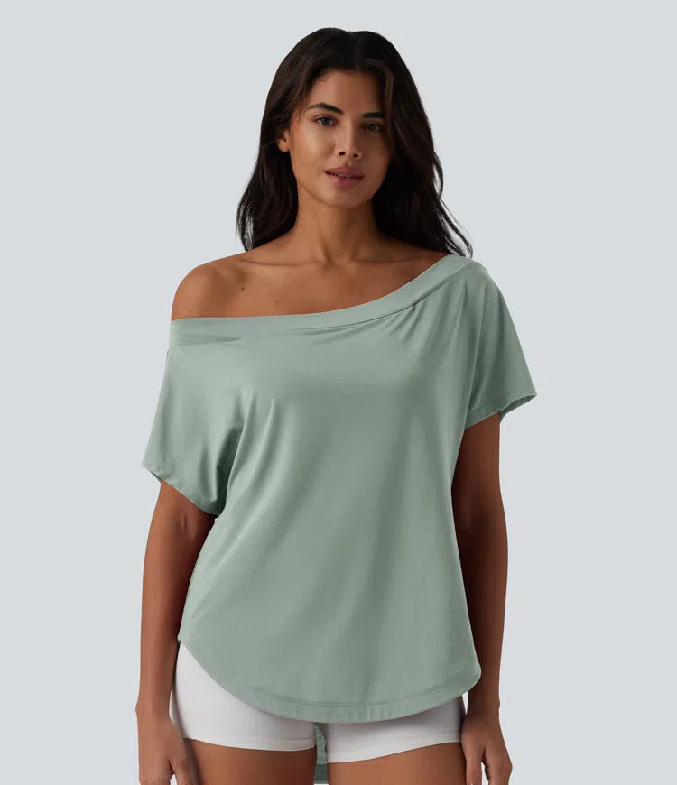 One Shoulder Short Sleeve Curved Hem High Low Quick Dry Yoga Sports Top-Built-in Bra