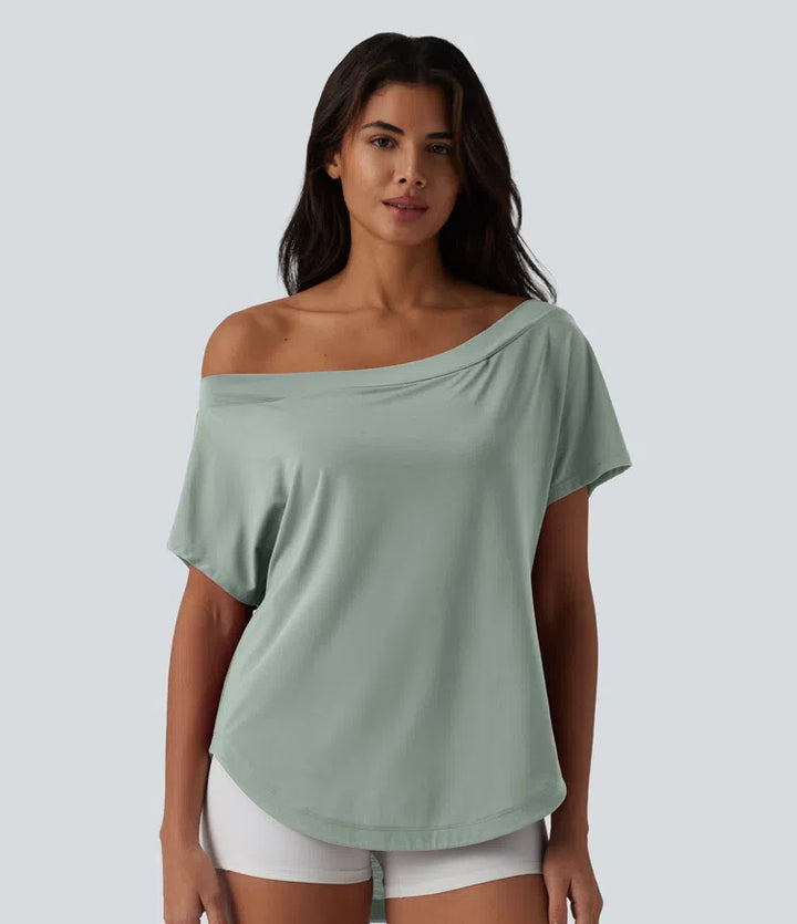 One Shoulder Short Sleeve Curved Hem High Low Quick Dry Yoga Sports Top-Built-in Bra