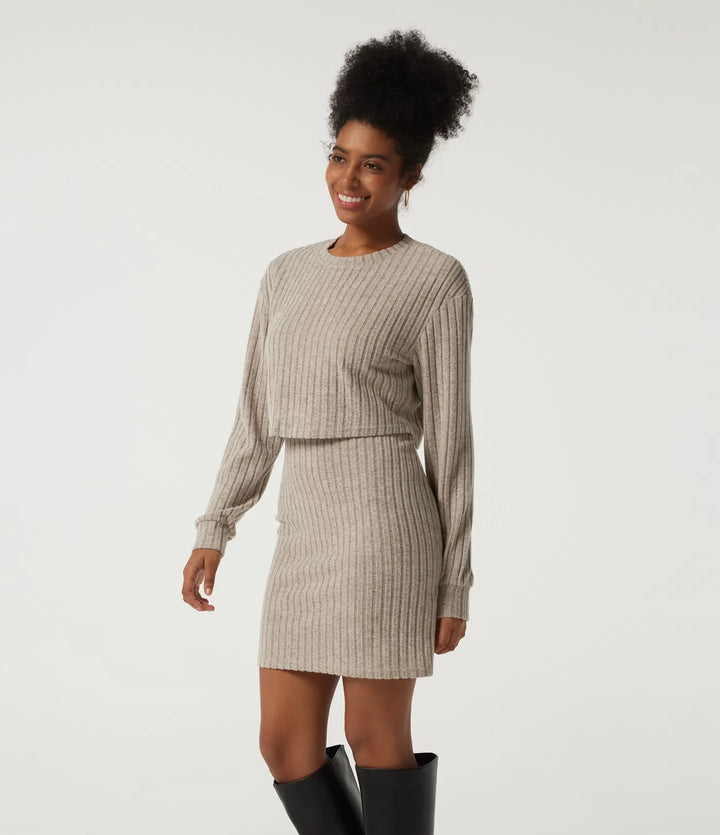 Ribbed Knit Round Neck Long Sleeve 2-Piece Bodycon Mini Casual Dress