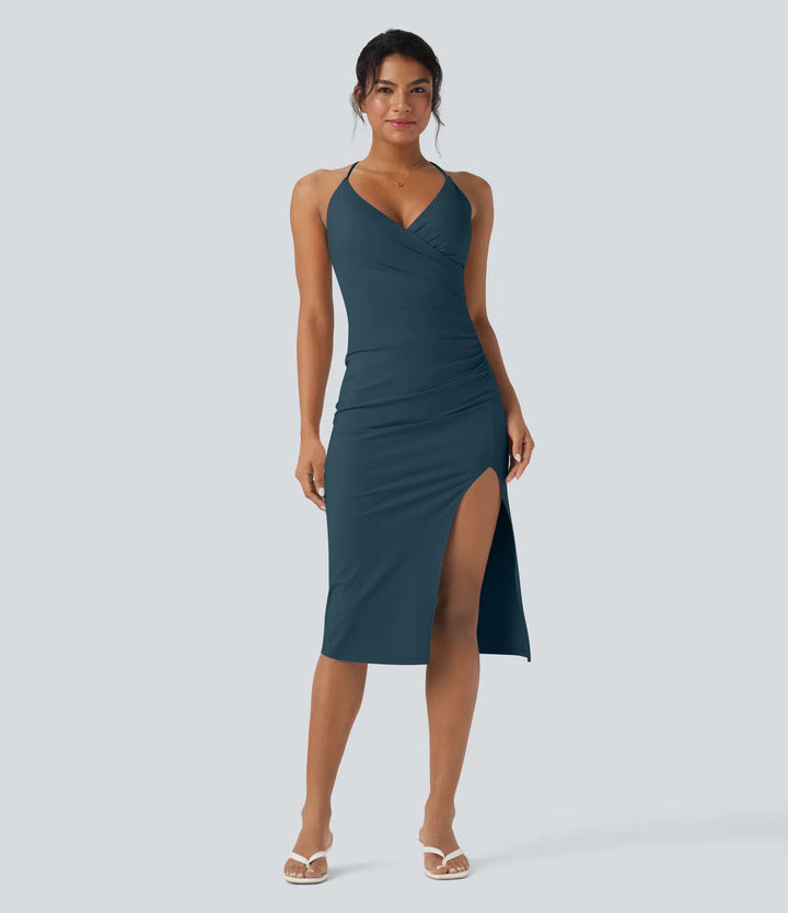 SoftlyZero Airy Crossover Ruched Lace Up Bodycon InstantCool Dress DD-F Cups