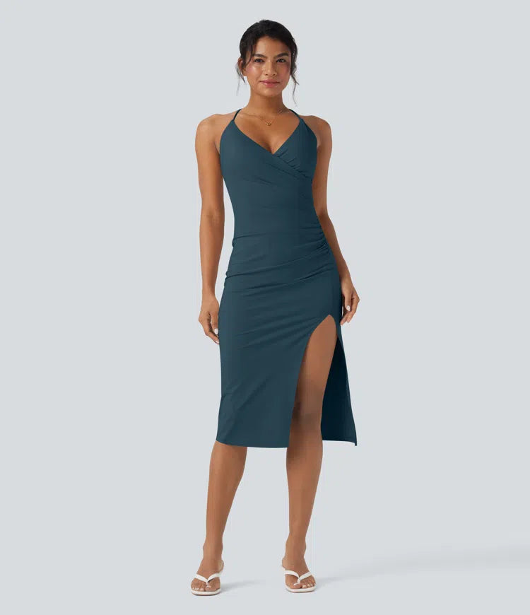 SoftlyZero Airy Crossover Ruched Lace Up Bodycon InstantCool Dress DD-F Cups