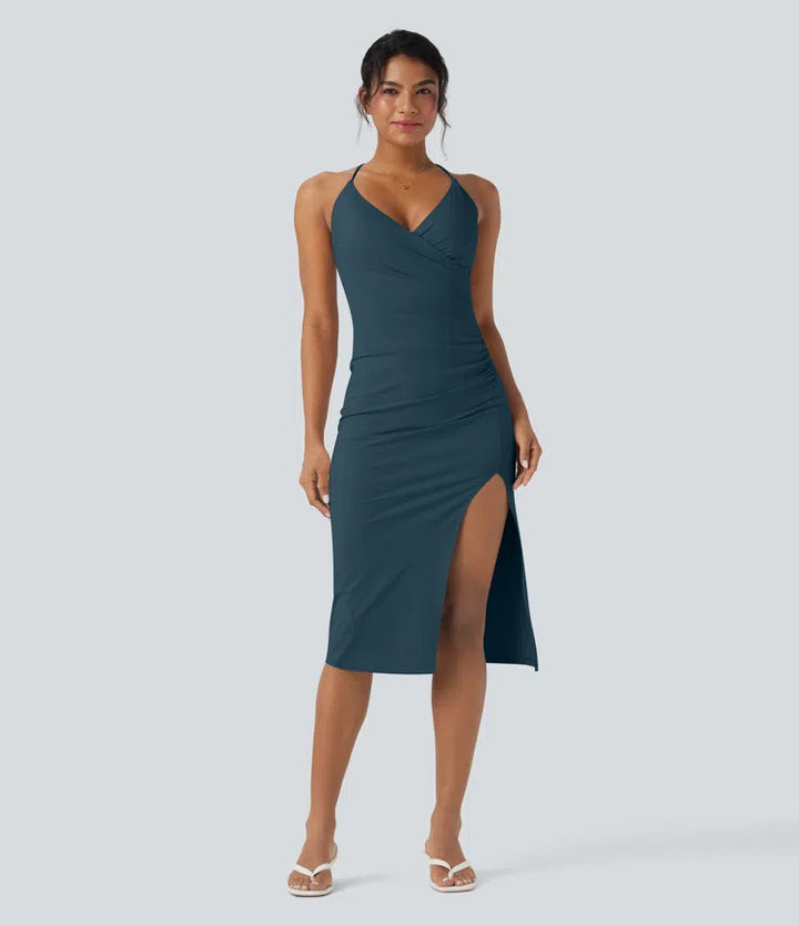 SoftlyZero Airy Crossover Ruched Lace Up Bodycon InstantCool Dress DD-F Cups