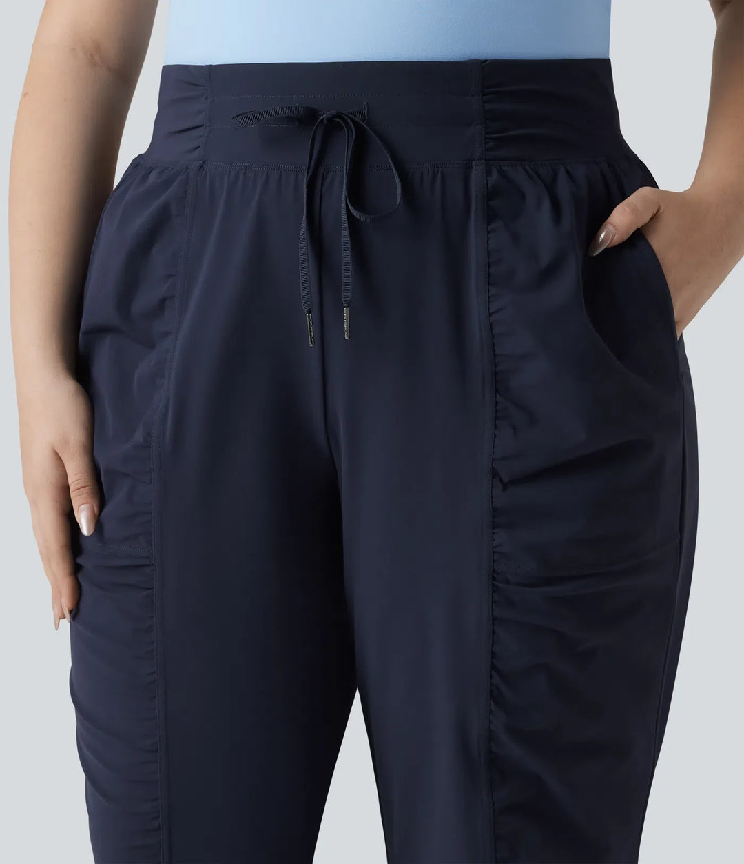 Plus Size High Waisted Drawstring Ruched Tapered Quick Dry Cool Touch Dance Joggers with Pockets-UPF40+